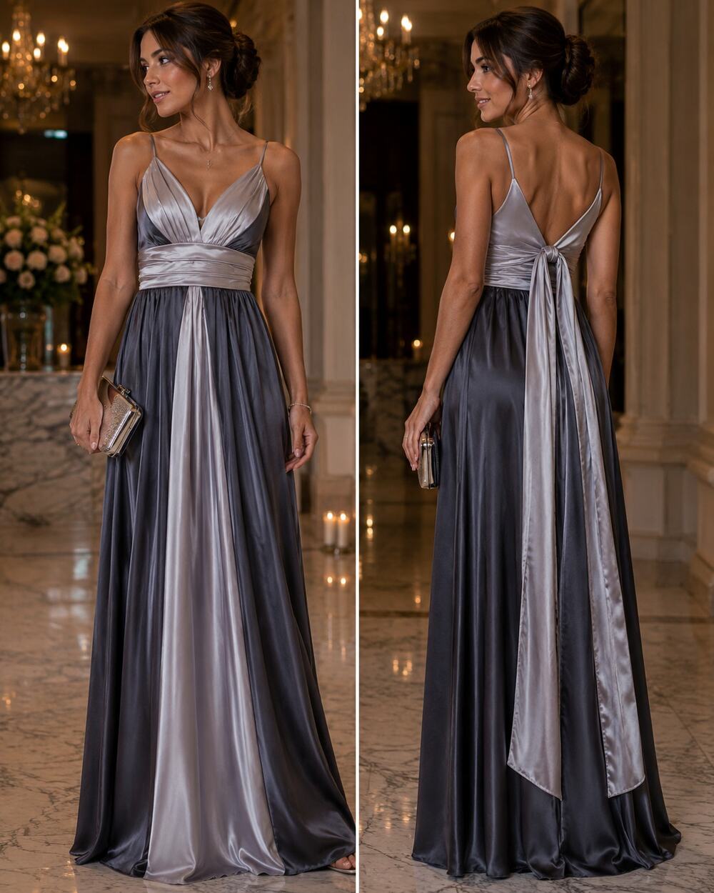 Silver Satin Formal Maxi Dress S Ruched Empire Waist Padded Bust Evening Gown